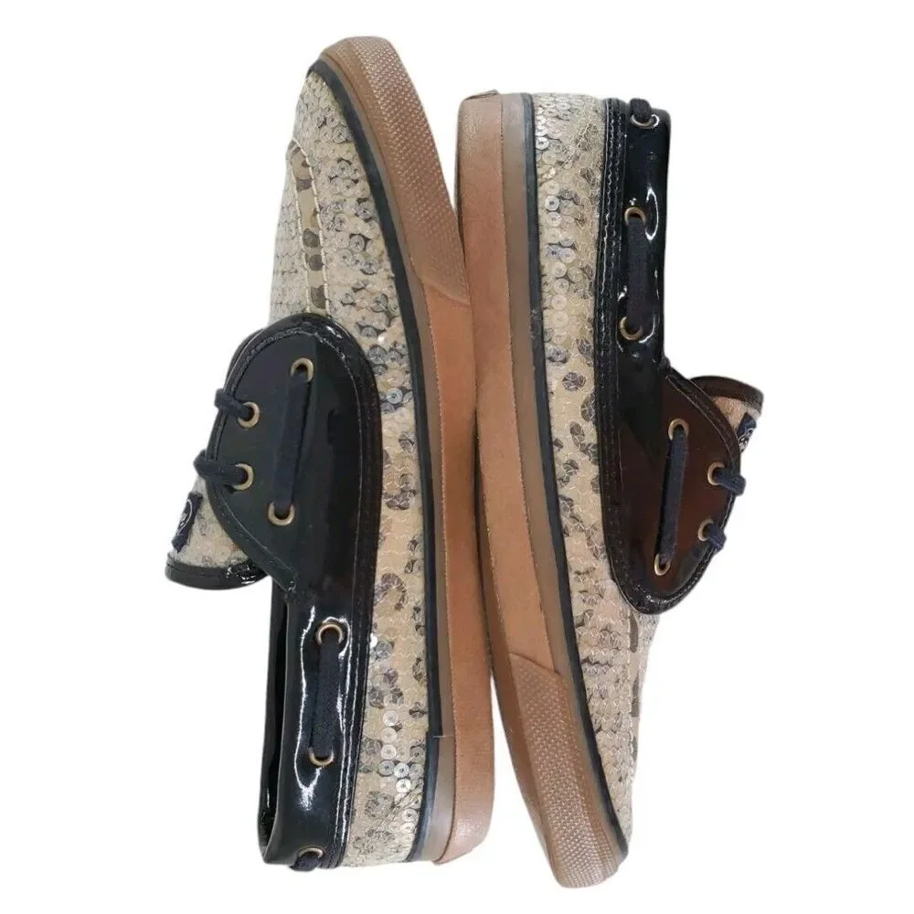 Sperry Topsider Cheetah Print Sequin Leather Sherpa Lined Boat Shoe Womens 9 M